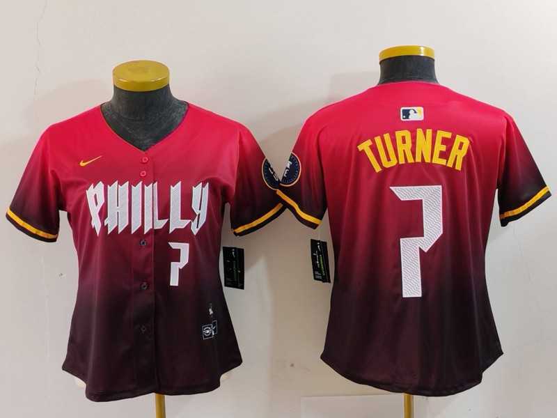 Women%27s Philadelphia Phillies #7 Trea Turner Number Red 2024 City Connect Limited Jersey